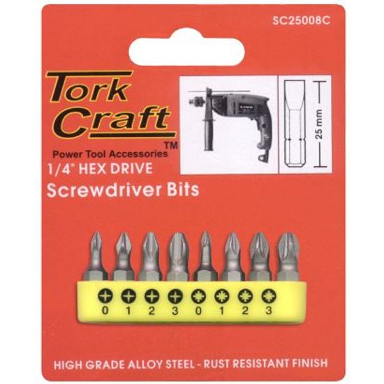 TORK CRAFT Insert Bit Set Ph & Pz 8pce Sizes 0 1 2 3 25mm Phillips Pozi